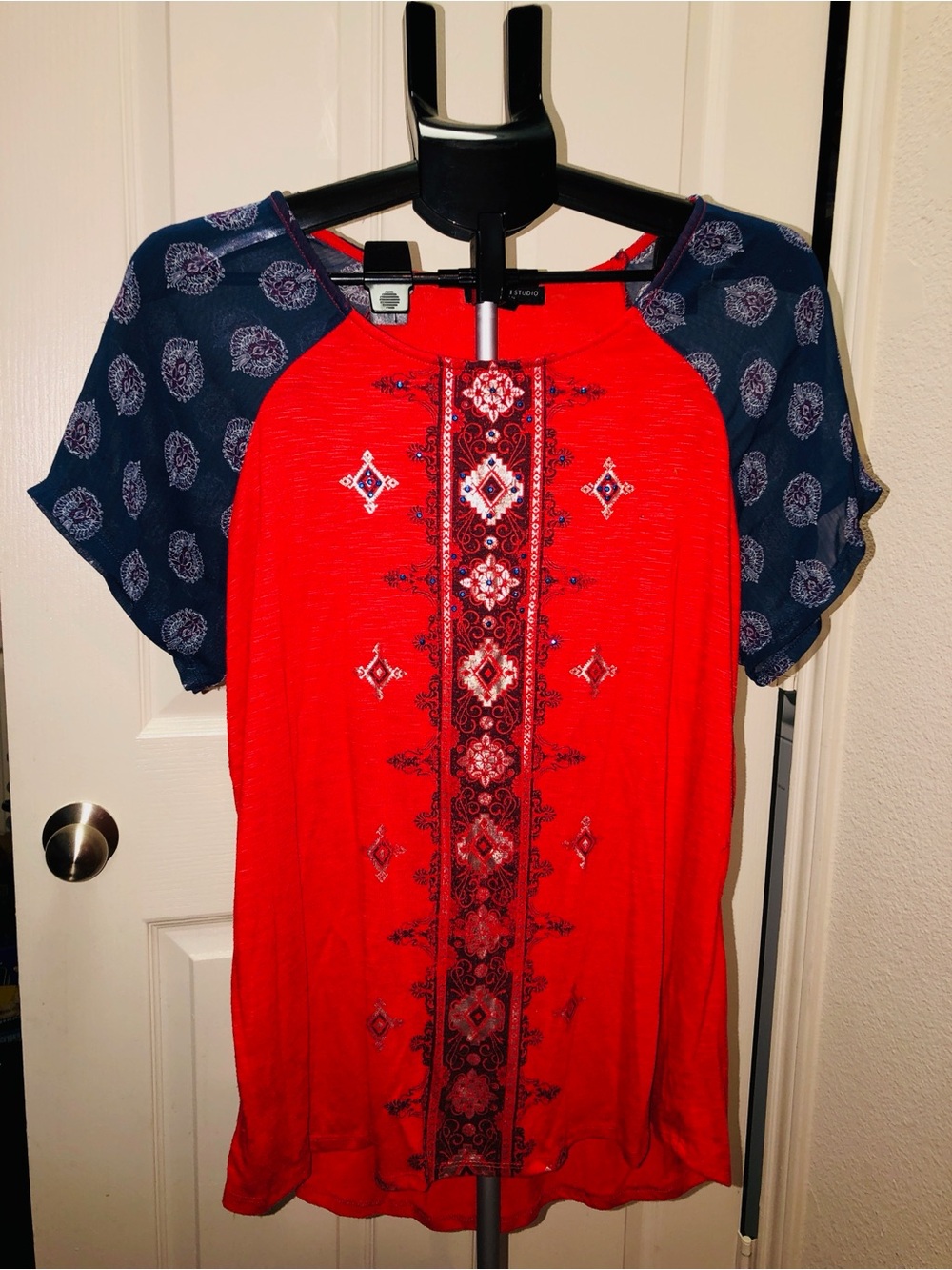 Red Embroidered Front-Panel Dress with Navy Sleeve Accents